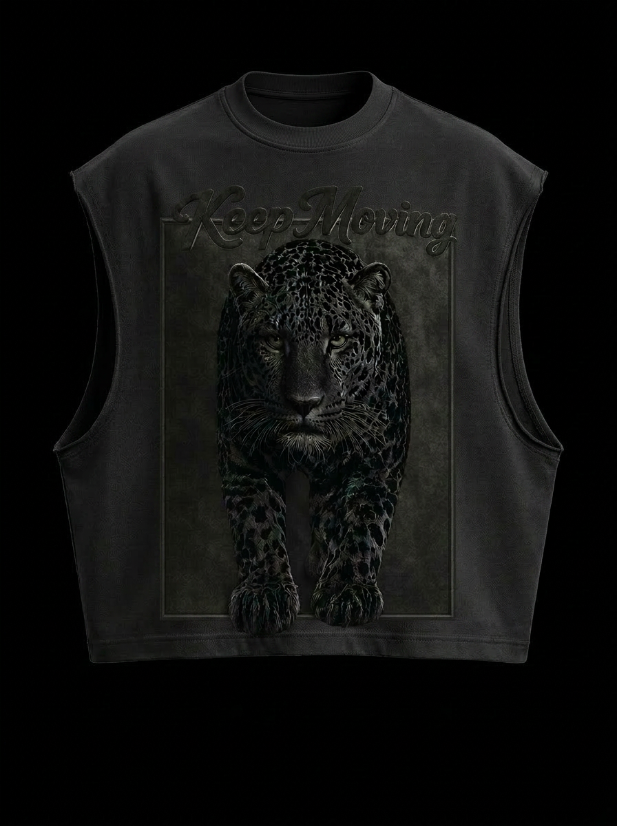 JUST B black oversized boxy tank with Keep Moving leopard graphic
