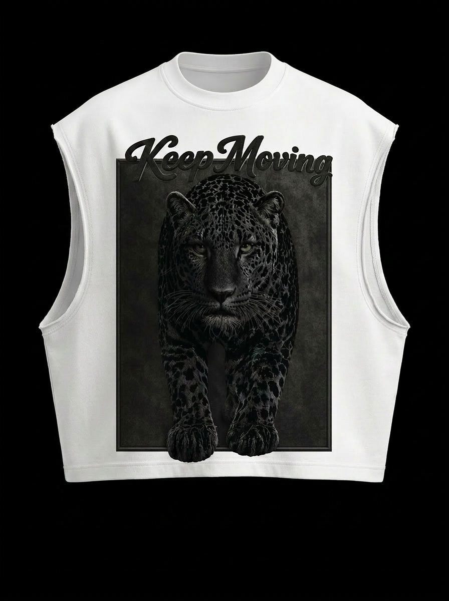 JUST B oversized white boxy tank with Keep Moving leopard graphic